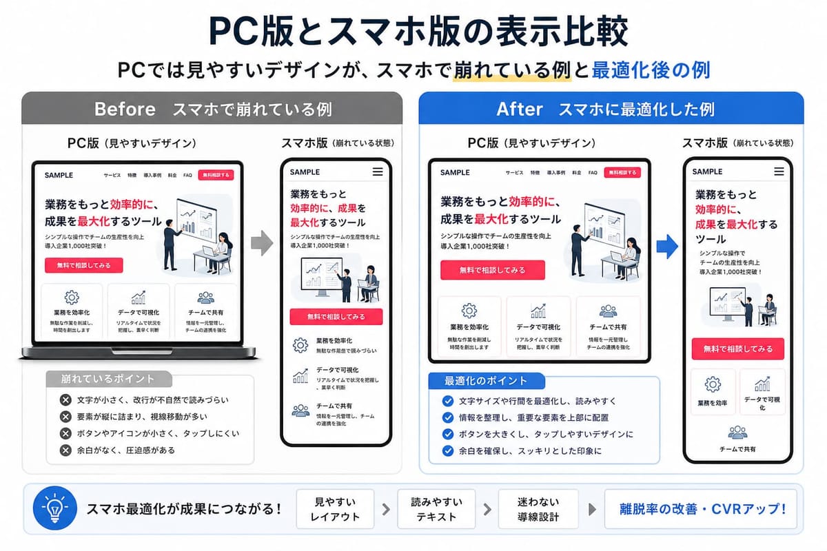 PC版とスマホ版の表示比較。Beforeはスマホで文字が小さく詰まって崩れている例、Afterは文字サイズや余白を整えスマホに最適化した例